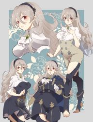 1girl absurdres artist_name black_dress black_footwear black_hairband black_legwear blue_background border closed_mouth corrin_(female)_(fire_emblem) corrin_(fire_emblem) dress feet fire_emblem fire_emblem:_three_houses fire_emblem_fates fire_emblem_if grey_border grey_hair hairband highres intelligent_systems karashino long_hair multiple_views nintendo open_mouth pointy_ears red_eyes smile stirrup_legwear toeless_footwear toeless_legwear toes twitter_username