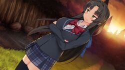 1girl black_hair black_thighhighs blush bow bowtie breasts closed_mouth cowboy_shot green_eyes large_breasts long_hair long_sleeves moe!_ninja_girls official_art outdoors parted_bangs plaid_clothes plaid_skirt red_bow red_bowtie saion-ji_enju school_uniform second-party_source skirt solo standing sunset thighhighs very_long_hair zettai_ryouiki