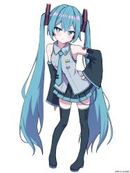 1girl absurdres artist_name bare_shoulders black_boots black_skirt black_sleeves blue_eyes blue_hair blue_nails blue_necktie blush boots closed_mouth collared_shirt commentary_request dated detached_sleeves dress_shirt full_body grey_shirt hair_between_eyes hand_on_own_hip hatsune_miku highres kaie long_hair long_sleeves nail_polish necktie pleated_skirt shirt simple_background skirt solo standing thigh_boots tie_clip twintails very_long_hair vocaloid white_background wide_sleeves