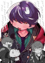 Rule 34 | 1boy, ahoge, aqua shirt, blue hair, blush, bright pupils, buttons, collarbone, collared shirt, crying, crying with eyes open, dazed, disembodied hand, double-breasted, dripping eye, drooling, furrowed brow, glaring, half capelet, headpat, highres, hunched over, lapel pin, lapels, leviathan (obey me!), long sleeves, looking at viewer, loose necktie, lower teeth only, male focus, medallion, messy hair, multiple views, nail polish, necktie, obey me!: one master to rule them all!, open mouth, orange eyes, outline, partially unbuttoned, purple necktie, raised eyebrows, red shawl, sansyo (sansyo wari933), shawl, shawl lapels, shirt, short hair, smile, squeans, streaming tears, sweat, swept bangs, tassel, tears, teeth, torogao, translation request, unbuttoned, uneven eyes, v-shaped eyebrows, victory pose, wavy mouth, white background, white pupils