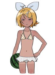 1girl ahoge alternate_costume ball beachball bikini bikini_skirt blonde_hair blue_eyes bow breasts cropped_legs doppelschwert hair_bow hair_ornament hairclip half-closed_eyes hand_on_own_hip highres holding holding_ball holding_beachball kagamine_rin looking_at_viewer navel open_mouth polka_dot polka_dot_bikini raised_eyebrows sand_on_skin short_hair simple_background small_breasts solo stomach swept_bangs swimsuit tan tanline vocaloid watermelon_beachball white_background white_bikini white_bow