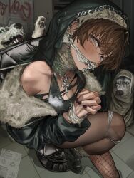 1girl absurdres bare_shoulders black_pantyhose bound bound_arms bound_legs breasts brown_hair cleavage cleave_gag cloth_gag cross cross_necklace dog dress earrings fishnet_pantyhose fishnets gag gagged gaku green_eyes highres improvised_gag jacket jewelry looking_at_viewer medium_breasts necklace nun original pantyhose restrained short_hair