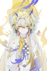 1girl absurdres arknights bare_shoulders beads blonde_hair blue_hair chinese_commentary closed_mouth colored_extremities commentary_request dragon_girl dragon_horns e_yifulinta_e earrings expressionless eyeliner grey_eyes grey_hair hair_between_eyes hair_intakes hand_up head_wreath highres horns jacket jewelry long_hair long_sleeves looking_at_viewer magic makeup multicolored_hair necklace off_shoulder orange_eyeliner orange_pupils pointy_ears shu_(arknights) solo streaked_hair upper_body white_jacket