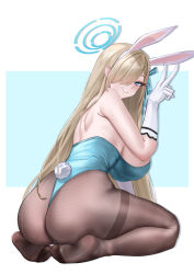 1girl absurdres animal_ears ass asuna_(blue_archive) asuna_(bunny)_(blue_archive) bare_back bare_shoulders blonde_hair blue_archive blue_eyes blue_halo blue_leotard blush breasts fake_animal_ears fake_tail gloves hair_over_one_eye hair_ribbon halo highres kaijiba large_breasts leotard long_hair looking_at_viewer looking_back pantyhose rabbit_ears rabbit_tail ribbon sitting smile solo strapless strapless_leotard tail thighband_pantyhose v very_long_hair white_gloves