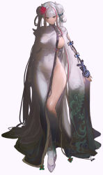 1girl absurdres arm_cutout artist_name breasts brown_eyes china_dress chinese_clothes closed_mouth commentary double_bun dress flower full_body grey_dress grey_shoes grey_socks hair_bun hair_flower hair_ornament highres large_breasts long_hair long_legs long_sleeves multicolored_hair naked_dress nike_(nike1060) no_bra no_panties original red_hair revealing_clothes shadow shoes side_slit sideboob sideless_dress sideless_outfit sidelighting simple_background single_bare_leg sketch socks standing streaked_hair two-tone_hair very_long_hair very_long_sleeves white_background