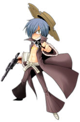1boy arima_natsubon blue_hair brown_coat brown_eyes brown_hat brown_pants coat commentary_request cosmo_dragoon dual_wielding full_body fur-trimmed_sleeves fur_trim grin gun gunslinger_(ragnarok_online) hair_between_eyes handgun hat holding holding_gun holding_weapon long_bangs long_sleeves looking_at_viewer male_focus navel pants pasties ragnarok_online sharp_teeth shoes short_hair simple_background smile solo standing star_(symbol) star_pasties teeth weapon white_background white_shoes