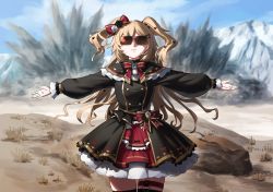 1girl absurdres akai_haato akai_haato_(gothic_lolita) black_capelet black_dress blonde_hair bow bowtie capelet closed_mouth commentary_request cowboy_shot dress explosion facing_viewer frilled_capelet frills hair_bow hair_ornament heart heart_hair_ornament highres hololive iron_man_(2008) iron_man_(series) long_hair long_sleeves marvel_cinematic_universe nemoto_yuuma outdoors outstretched_arms puffy_long_sleeves puffy_sleeves red_bow red_bowtie solo spread_arms standing sunglasses thigh_strap two_side_up very_long_hair virtual_youtuber