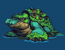 animal_focus animated animated_gif blue_background blue_scales breathing claws commentary english_commentary full_body horizontal_pupils jon_davies leaf looking_at_viewer looping_animation monster monster_hunter_(series) no_humans open_mouth pixel_art red_eyes scales shell simple_background solo tetranadon