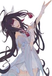 1girl arms_up artist_name bandaged_hand bandages black_hair blunt_bangs closed_eyes columbina_(genshin_impact) cowboy_shot eye_mask genshin_impact gradient_hair highres long_hair multicolored_hair open_mouth red_hair simple_background solo sym_(sym157a) white_background