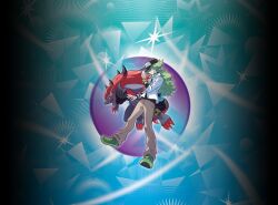 Rule 34 | 1boy, abstract background, absurdres, aqua background, archived source, baseball cap, black hat, black shirt, blanco026, bracelet, brown pants, claws, closed mouth, collared shirt, cube, gen 5 pokemon, green hair, green shoes, hat, highres, jewelry, long hair, male focus, n (pokemon), nintendo, official art, open mouth, pants, pokemon, pokemon (creature), pokemon bw, pokemon tcg, second-party source, sharp teeth, shirt, shoes, smile, teeth, void cube, white shirt, zoroark
