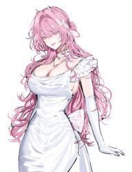 alternate_costume breasts choker cleavage da_jins_rins dress elbow_gloves frills gloves hair_intakes highres lips long_hair looking_at_viewer original pink_hair purple_eyes sideboob smile standing white_background white_choker white_dress white_gloves