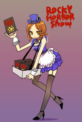 1girl apron breasts brown_eyes brown_hair cleavage closed_mouth copyright_name dress dvd_case full_body garter_straps hat high_heels holding looking_at_viewer mini_hat mini_top_hat okameti purple_dress shadow short_hair smile solo the_rocky_horror_picture_show thighhighs top_hat waist_apron white_apron wrist_cuffs zettai_ryouiki