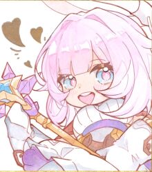 1girl blue_eyes blush chibi chibi_only commentary_request elf_elysia heart holding holding_wand honkai_(series) honkai_impact_3rd mittens niwa_x_4_torigairu open_mouth pink_eyes pink_hair simple_background smile solo wand white_background white_mittens