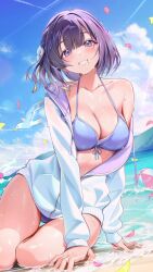 1girl bare_shoulders beach bikini blue_bikini breasts cleavage collarbone front-tie_bikini_top front-tie_top gakuen_idolmaster halterneck hataya_misuzu highres idolmaster jacket jacket_over_swimsuit kainown looking_at_viewer mole mole_under_mouth off_shoulder official_alternate_costume partially_unzipped purple_eyes purple_hair short_hair smile swimsuit wet white_jacket