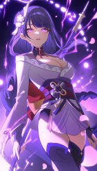 1girl breasts commentary cowboy_shot electricity engulfing_lightning_(genshin_impact) genshin_impact glowing glowing_eyes hair_ornament highres holding holding_polearm holding_weapon japanese_clothes kimono long_hair looking_at_viewer low-braided_long_hair low-tied_long_hair medium_breasts mole mole_under_eye obi parted_lips polearm purple_eyes purple_hair purple_kimono purple_shrug purple_thighhighs raiden_shogun sash signature so_zei_tama_tama solo thighhighs thighs very_long_hair weapon