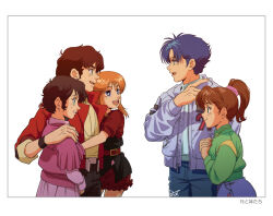 1980s_(style) 2boys 3girls :d arm_around_shoulder belt belt_buckle black_pants blue_eyes blue_hair blue_jacket blue_pants blue_shirt brother_and_sister brown_hair buckle closed_mouth commentary elpeo_puru from_side green_eyes green_shirt gundam gundam_f91 gundam_zz hand_on_another&#039;s_shoulder highres hug in-franchise_crossover jacket judau_ashta leina_ashta long_hair long_sleeves looking_at_another mataaimashita multiple_boys multiple_girls oldschool open_clothes open_jacket open_mouth orange_hair pants pink_jacket pink_shirt pink_skirt pointing ponytail red_belt red_jacket red_shirt red_shorts reese_arno retro_artstyle seabook_arno shirt short_hair short_hair_with_long_locks short_sleeves shorts siblings signature simple_background skirt smile standing white_background yellow_shirt
