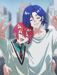 1boy 1girl amate_yuzuriha blue_hair blurry blurry_background closed_eyes collared_shirt colored_inner_hair day gundam gundam_gquuuuuux highres hug long_sleeves multicolored_hair necktie o6nuqm open_mouth outdoors purple_hair red_hair school_uniform shirt short_hair shuji_ito smile sweater two-tone_hair v white_shirt