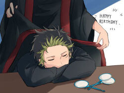 2boys arms_on_table black_happi brothers green_hair happi happy_birthday head_on_table head_out_of_frame head_rest inomoto_haruo inomoto_natsuki jacket japanese_clothes male_focus multicolored_hair multiple_boys non_ni_1111 open_happi poi_(goldfish_scoop) siblings sleeping youchien_wars