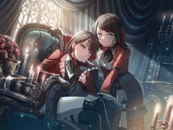 2girls ascot bang_dream! bang_dream!_it&#039;s_mygo!!!!! black_ascot black_boots black_gloves black_vest blue_eyes boots candle center_frills closed_mouth curtains earrings flower frills game_cg gloves hair_ribbon head_rest indoors jacket jewelry long_hair looking_at_viewer multiple_girls official_art pants picture_frame purple_eyes red_flower red_jacket red_ribbon red_rose ribbon rose shiina_taki shirt sitting standing thigh_boots third-party_source vest white_pants white_shirt wings yahata_umiri