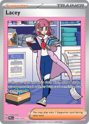 1girl artist_name blue_pants blueberry_academy_school_uniform book bookmark border box brown_eyes card_(medium) cardigan character_name clipboard company_name copyright_name copyright_notice english_text eyelashes full_body hair_ornament hairclip holding holding_book holding_clipboard holding_paper indoors kk724 lacey_(pokemon) medium_hair mismatched_eyebrows neckerchief nintendo official_art open_cardigan open_clothes pants paper pink_border pink_hair pokemon pokemon_card pokemon_sv pokemon_tcg purple_cardigan red_neckerchief school_uniform shelf shirt shoes solo thick_eyebrows third-party_source trading_card white_shirt white_shoes