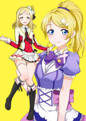 Rule 34 | 2girls, ayase eli, boots, bow, bowtie, braid, cosplay, costume, costume switch, crown braid, dress, greetload, hair rings, highres, idol clothes, in-franchise crossover, kimi no kokoro wa kagayaiteru kai?, love live!, love live! school idol project, love live! sunshine!!, multiple girls, necktie, ohara mari, ponytail, purple bow, purple bowtie, purple dress, simple background, single hair ring, sore wa bokutachi no kiseki, trait connection, yellow background