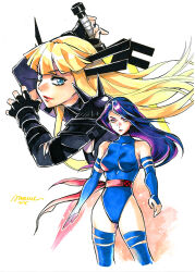 2girls animification artist_name bare_shoulders belt black_gloves black_nails black_shirt blonde_hair blue_eyes blue_hair blue_leotard blue_thighhighs breasts bridal_gauntlets closed_mouth covered_collarbone cowboy_shot fingerless_gloves fingernails floating_clothes floating_hair gloves hands_up highres holding holding_sword holding_weapon large_breasts leotard lips long_hair looking_at_viewer magic magik_(x-men) marvel marvel_rivals multicolored_hair multiple_girls nail_polish open_mouth pink_eyes psylocke psylocke_(vengeance) purple_hair red_belt sao_(saowee) shirt shoulder_spikes simple_background spikes standing streaked_hair superhero_costume sword thighhighs torn_clothes upper_body weapon white_background x-men