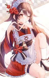 1girl alternate_costume apron black_choker black_shoes blush bow brown_bow brown_hair choker flower flower-shaped_pupils genshin_impact hair_between_eyes hair_flower hair_ornament heart heart_hands high_heels hu_tao_(genshin_impact) japanese_clothes kimono long_hair long_sleeves maid_apron maid_headdress one_eye_closed red_eyes red_kimono ruarua0819 shoes simple_background smile solo symbol-shaped_pupils teeth very_long_hair