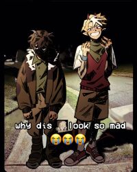 2boys animification blonde_hair brown_hair commentary crying_emoji cyani07 demon_boy demon_tail derivative_work dream_smp emoji english_commentary english_text glaring goat_boy goat_horns green_neckerchief grin highres horns long_sleeves looking_at_viewer male_focus meme minecraft minecraft_youtube multiple_boys neckerchief official_alternate_costume open_mouth photo-referenced photo_background shaded_face short_hair side-by-side sidewalk smile standing tail tommyinnit tubbo why_dis_ninja_look_so_mad_(meme)
