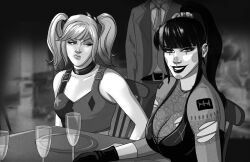 1boy 2girls archived_source batman_(series) belt black_choker black_gloves black_hair black_lips breast_envy breasts chair choker cleavage cup dc_comics drawfag drinking_glass ear_piercing gloves greyscale harley_quinn indoors lipstick long_hair makeup midriff monochrome multiple_girls on_chair photo-referenced piercing ponytail pout punchline_(dc) smile torn_clothes twintails wine_glass