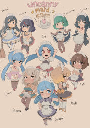 absurdres alternate_costume black_hair blue_eyes blue_hair bow breasts broom brown_eyes brown_gloves brown_hair brown_thighhighs cafin character_name chibi cleavage commentary crossed_arms curly_hair dark-skinned_female dark_skin drill_hair elbow_gloves embarrassed english_commentary enmaided female_focus flat_chest fubuki_(kancolle) full_body garter_straps gloves green_eyes green_hair grey_hair gwen_(league_of_legends) hair_bow highres holding holding_broom holding_plate jinx_(league_of_legends) kill_la_kill kiryuuin_satsuki large_breasts league_of_legends long_hair maid maid_headdress matoi_ryuuko medium_breasts multicolored_hair multiple_girls one-punch_man open_mouth plate qiyana_(league_of_legends) red_eyes red_hair rell_(league_of_legends) short_hair siblings sisters skirt_hold smile sona_(league_of_legends) star-shaped_pupils star_(symbol) streaked_hair symbol-shaped_pupils taliyah tatsumaki thighhighs twin_drills twintails two-tone_hair