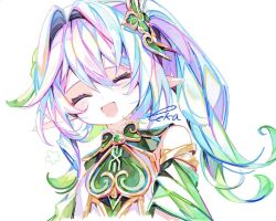 1girl :d ^_^ bare_shoulders blue_hair blush closed_eyes detached_sleeves gem genshin_impact gold_trim green_gemstone green_hair green_sleeves hair_between_eyes multicolored_hair nahida_(genshin_impact) open_mouth pink_hair pointy_ears signature simple_background sleeveless smile solo touka_(pixiv71609120) white_background white_hair