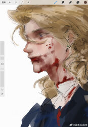1boy art_program_in_frame axis_powers_hetalia bear270901 blonde_hair blood blood_from_mouth blood_on_face blue_eyes earrings france_(hetalia) highres injury jewelry male_focus medium_hair portrait profile simple_background smile solo white_background
