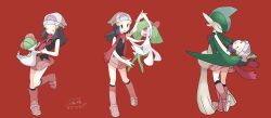 1girl arm_blade beanie bob_cut boots colored_skin dancing dawn_(pokemon) donguri_big evolutionary_line gallade gen_3_pokemon gen_4_pokemon green_hair green_skin hair_over_one_eye hat highres kirlia multicolored_skin nintendo pink_boots pink_skirt pokemon pokemon_(creature) pokemon_dppt ralts scarf skirt smile two-tone_skin weapon white_skin