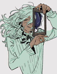 Rule 34 | 1boy, blue hair, bow, bowtie, burnke, coat, dark-skinned male, dark skin, grey background, long hair, male focus, metaphor: refantazio, patterned clothing, protagonist (metaphor: refantazio), shirt, simple background, solo focus, spoilers, the prince (metaphor: refantazio), upper body, white coat, white shirt