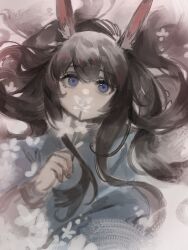 1girl absurdres amiya_(arknights) animal_ears arknights blue_eyes brown_hair covered_mouth flower highres holding holding_flower jiuxiaoshi long_hair looking_at_viewer rabbit_ears rabbit_girl solo white_flower
