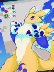 1girl black_sclera blue_eyes body_fur colored_sclera cowboy_shot dclaret digimon digimon_(creature) furry furry_female highres kitsune renamon solo twitter_strip_game_parody yellow_fur