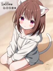 1girl animal_ear_fluff animal_ears blurry blurry_background blush brown_hair cat_day cat_ears cat_girl cat_tail closed_mouth commentary drawstring full_body highres hood hood_down hoodie long_sleeves looking_at_viewer original purple_eyes seiza short_hair signature sitting socks solo tail uru_aoi23 watermark white_hoodie white_socks