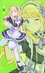 1girl 965ma_mogumogu ;o absurdres apron black_dress black_shoes black_wrist_cuffs blonde_hair blue_eyes bow cleavage_cutout clothing_cutout dorsiflexion_(wrist) dress eyelashes foot_up frilled_dress frilled_thighhighs frilled_wrist_cuffs frills green_background hachimiya_meguru hair_bow hair_ribbon heart_cutout highres idolmaster idolmaster_shiny_colors index_finger_raised light_blush looking_at_viewer maid maid_apron maid_headdress mary_janes multiple_hair_bows one_eye_closed outstretched_hand puffy_short_sleeves puffy_sleeves purple_bow ribbon ribbon-trimmed_thighhighs ribbon_trim shoes short_sleeves solo standing standing_on_one_leg star_(symbol) swept_bangs thighhighs twintails waist_apron white_thighhighs wrist_cuffs zoom_layer