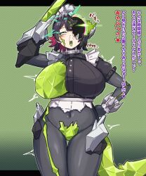 1girl absurdres ahegao black_hair body_modification breasts colored_inner_hair corruption crystal_sword ellen_joe ethereal_(zenless_zone_zero) fins fish_tail frilled_wristband green_eyes hair_ornament herutsuheimuu highres large_breasts looking_at_viewer looking_up maid_headdress metal_hairband mind_control mole mole_under_eye monster monsterification multicolored_hair navel one_breast_out open_mouth red_hair salute shark_girl shark_tail short_hair smile solo spiked_headband sword tail torn_clothes transformation two-tone_hair weapon zenless_zone_zero