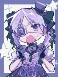 black_bow black_gloves black_ribbon bow bowtie colored_eyepatch crescent cross cross_necklace drill_hair embarrassed eyepatch four-pointed_star ftwqo0cacc704 gloves hat highres hiiragi_kagami jewelry lucky_star mini_hat mini_top_hat necklace polka_dot polka_dot_skirt purple_background purple_bow purple_bowtie purple_eyes purple_hat purple_skirt ribbon skirt star_(symbol) top_hat twin_drills twintails two-tone_background white_background