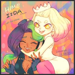 2girls black_hair cephalopod_eyes chai_5 crop_top dark-skinned_female dark_skin fingerless_gloves gloves gradient_hair green_eyes headphones highres inkling long_hair looking_at_viewer marina_(off_the_hook_outfit)_(splatoon) marina_(splatoon) mole mole_under_mouth multicolored_hair multiple_girls nintendo octoling open_mouth pearl_(off_the_hook_outfit)_(splatoon) pearl_(splatoon) smile splatoon_(series) splatoon_2 suction_cups tentacle_hair