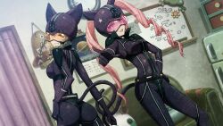 2girls akiha_rumiho akiha_rumiho_(chat_noir) amane_suzuha amane_suzuha_(chat_noir) animal_ears ass bell belt belt_around_waist belt_buckle black-framed_eyewear bodysuit braid breasts brown_hair buckle calendar_(object) cat_belt_buckle cat_ears cat_headgear chat_noir_costume_(steins;gate) clenched_teeth closed_curtains couch curtains drawing_board drill_hair dutch_angle fake_tail floating_hair future_gadget_lab game_cg gloves grin hair_tie hand_on_own_hip headgear helmet highres huke impossible_bodysuit impossible_clothes indoors latex latex_bodysuit long_hair looking_at_viewer medium_breasts multiple_girls neck_bell non-web_source official_art open_mouth outstretched_arm parted_lips pink-tinted_eyewear pink_eyes pink_hair pointing pointing_at_viewer purple_bodysuit purple_gloves refrigerator ringed_eyes science_adventure shiny_clothes shiny_lips shoulder_pads skin_tight smile smirk square_pupils star_(symbol) star_print steins;gate steins;gate:_linear_bounded_phenogram stuffed_animal stuffed_toy tail teeth tinted_eyewear tsurime twin_braids twin_drills twintails upa_(steins;gate) whiteboard yellow-tinted_eyewear yellow_eyes