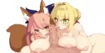 1boy 2girls ahoge animal_ear_fluff animal_ears animated arched_back biting biting_foreskin blonde_hair blush bow braid braided_bun breasts cleavage cooperative_fellatio dark-skinned_male dark_skin drooling erection eyes_visible_through_hair fate/grand_order fate_(series) fellatio foreskin fox_ears fox_tail green_eyes hair_between_eyes hair_bun hair_intakes hair_ribbon heart heart-shaped_pupils hetero huge_breasts kunabishi large_breasts large_penis looping_animation multiple_girls nero_claudius_(fate) nero_claudius_(fate/extra) nipples nude oral penis penis_awe pink_hair pixel_art ponytail pov precum puffy_nipples raised_eyebrows ribbon saliva simple_background smegma symbol-shaped_pupils tagme tail tamamo_(fate) tamamo_no_mae_(fate/extra) teamwork_(sexual) tongue tongue_out uncensored video white_background