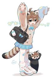 1girl absurdres ahoge animal_ears arms_up baby_bottle bag bandaid bandaid_on_knee bandaid_on_leg blue_bow blue_bowtie blue_skirt bottle bow bowtie brown_cardigan brown_hair cardigan cotono_(nazekun) creature_and_personification highres loose_socks miniskirt open_mouth original personification pleated_skirt red_panda red_panda_ears red_panda_girl red_panda_tail school_bag sharp_teeth shoes short_hair shoulder_bag signature skirt sneakers socks solo standing tail teeth watermark