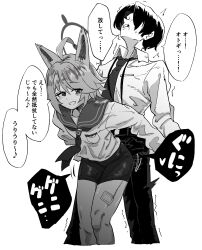 1girl absurdres ahoge bandaid_on_thigh belt bike_shorts blue_archive collared_shirt dress_pants grinding halo highres monochrome neckerchief necktie otogi_(blue_archive) school_uniform sensei_(blue_archive) serafuku shirt simple_background smile speech_bubble tank1000ml