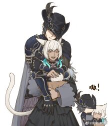 2girls absurdres androgynous animal_ears arm_around_neck armor bag black_choker black_dress black_gloves black_hair black_hat blue_eyes cape cat_ears cat_girl cat_tail chibi chibi_inset choker closed_eyes cowboy_shot dress facial_mark feather_hair_ornament feathers final_fantasy final_fantasy_xiv front-to-back gloves grey_cape hair_ornament hat hat_feather hat_over_one_eye highres holding holding_bag mbomb miqo&#039;te multiple_girls multiple_views one_eye_covered open_mouth pauldrons reverse_trap short_hair shoulder_armor simple_background standing tail tricorne watermark weibo_watermark white_background white_hair y&#039;shtola_rhul zero_(ff14)