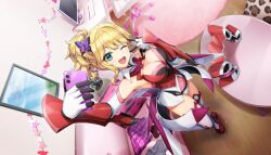 Rule 34 | 1girl, armored leotard, bedroom, blonde hair, bodysuit, breasts, butterfly hair ornament, chair, cleavage, computer, cosplay, dolphin wave, fang, game cg, green eyes, hair ornament, highres, indoors, izumi kiri, large breasts, leotard, medium breasts, medium hair, non-web source, official art, one eye closed, ootomo takuji, open mouth, red bodysuit, selfie, senki zesshou symphogear, side ponytail, skirt, smile, solo, unworn headwear, unworn skirt, v, v over eye, yukine chris, yukine chris (cosplay)