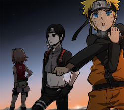 black_eyes black_hair blonde_hair blue_eyes facial_mark forehead_protector gloves haruno_sakura kamoi_hayato naruto_(series) naruto_shippuuden pink_hair sai standing stretching uzumaki_naruto