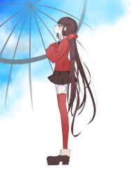 Rule 34 | 1girl, blue sky, blush, brown hair, brown shoes, brown skirt, cloud, danganronpa (series), danganronpa v3: killing harmony, from side, hair ornament, hair scrunchie, harukawa maki, highres, long hair, miniskirt, profile, red eyes, red scrunchie, red sweater, scrunchie, shoes, skirt, sky, solo, sweater, takotsu bo, thighhighs, zettai ryouiki