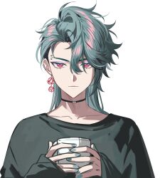Rule 34 | 1boy, alternate hair length, alternate hairstyle, asymmetrical hair, black choker, black shirt, blue nails, choker, closed mouth, coffee mug, collarbone, commentary, cup, curtained hair, earrings, eyebrow piercing, eyeshadow, face piercing, fingernails, freodore (nijisanji), frown, grey hair, hair between eyes, hands up, highres, holding, holding cup, jewelry, kaohom503, long sleeves, looking at viewer, makeup, male focus, mug, nail polish, nijisanji, nijisanji en, parted bangs, piercing, purple eyeshadow, red eyes, shirt, sidecut, simple background, single earring, sleeves past wrists, solo, symbol-only commentary, undercut, upper body, white background